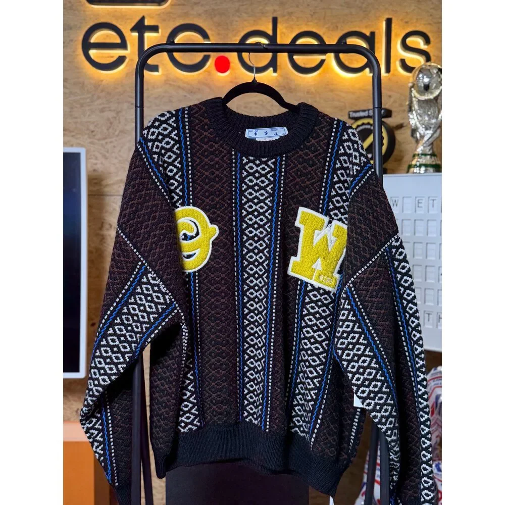 Off-White OW Baja Chunky Knit Crewneck Sweater Men’s XL Brown Black NWT